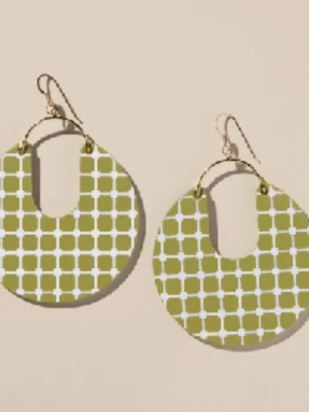 Olive Grid Pattern Round Drop Earrings